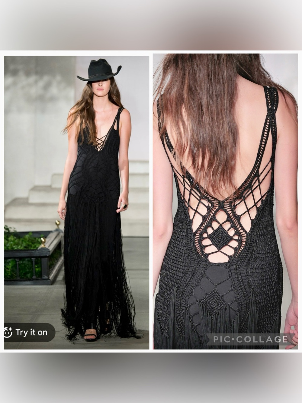 Ralph Lauren Collection Fall 2016 Crochet Black Fringe Maxi Dress M